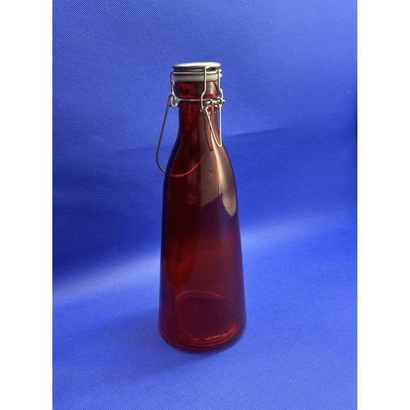Vintage Red Glass Bottle Vase Royal‎ Red 11.5" X 4" w/ Wire Hinge Cap - Picture 1 of 6